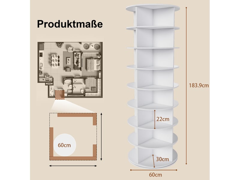  Étagère à chaussures tournante 60x60x184 cm blanc pvc, 8 niveaux 360° pour 32 paires de chaussures  - Conforama C