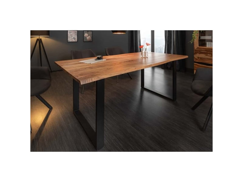  Table de salle à manger arkaya 180 cm – plateau en bois d'acacia sauvage verni et pieds en métal noir en u – style industriel  - Conforama C