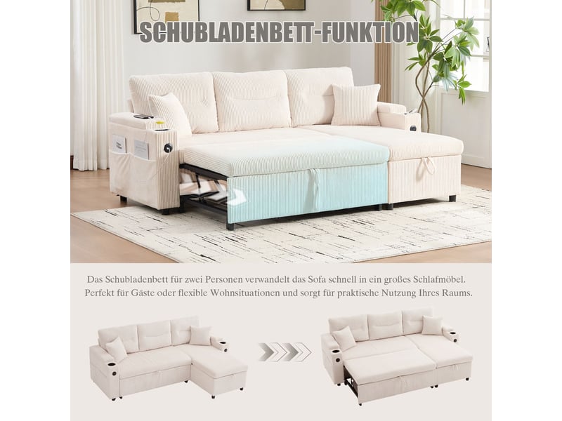  Canapé revêtement en velours côtelé rangement intégré porte-gobelets intégrés port usb-c chaise longue hydraulique lit tiroir design moderne  - Conforama E