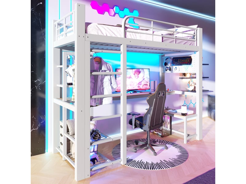 Lit mezzanine 90x200 cm en métal blanc avec bureau, rangement et éclairage led - Conforama B