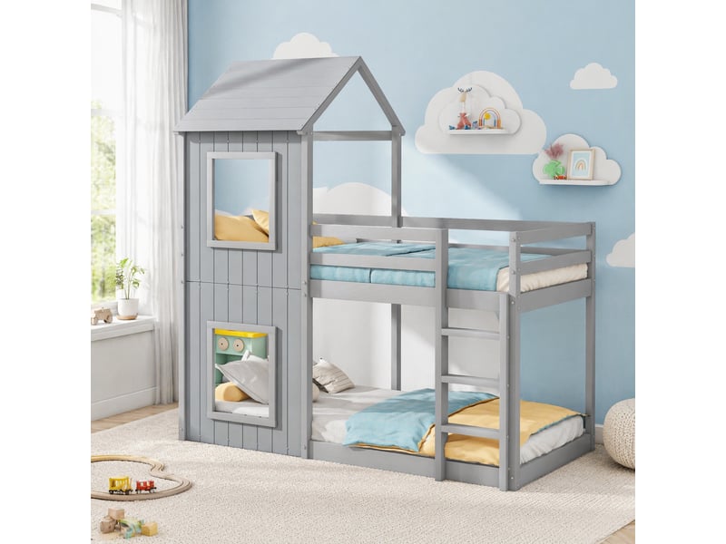  Modenvie lit enfant cabane 90x200 cm - structure en pin massif, avec barrière de sécurité - gris  - Conforama B