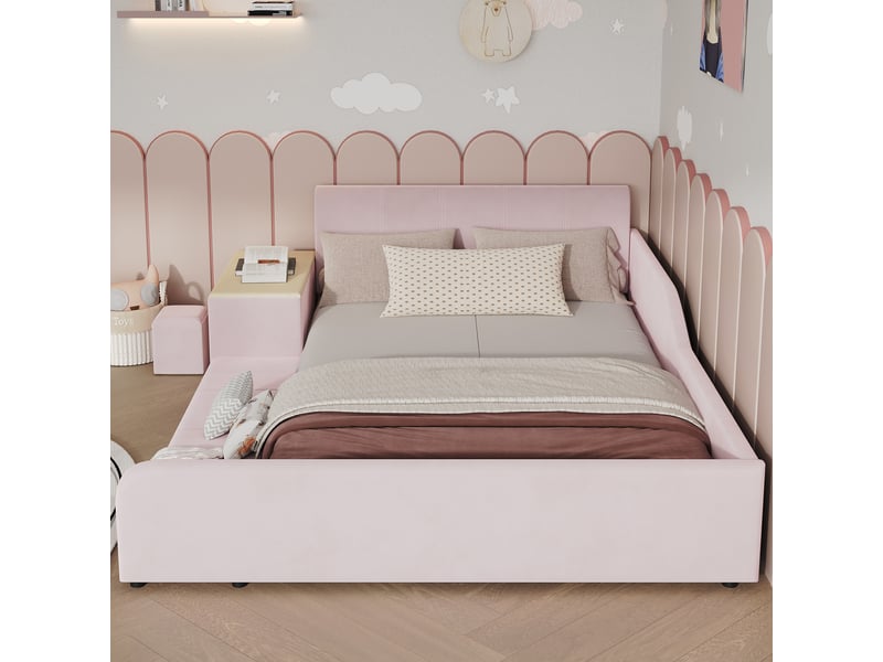 Lit double 140x200 cm, lit rembourré, sommier à lattes, bureau, étagères, tête de lit rembourrée, velours rose - Conforama C