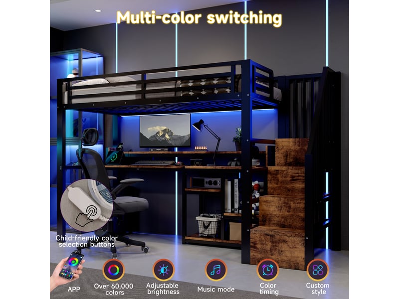 Lit mezzanine, 140 × 200 cm, noir, métal, led, usb + type-c, armoire-échelle, étagères, sans matelas, led pilotable par appli - Conforama D