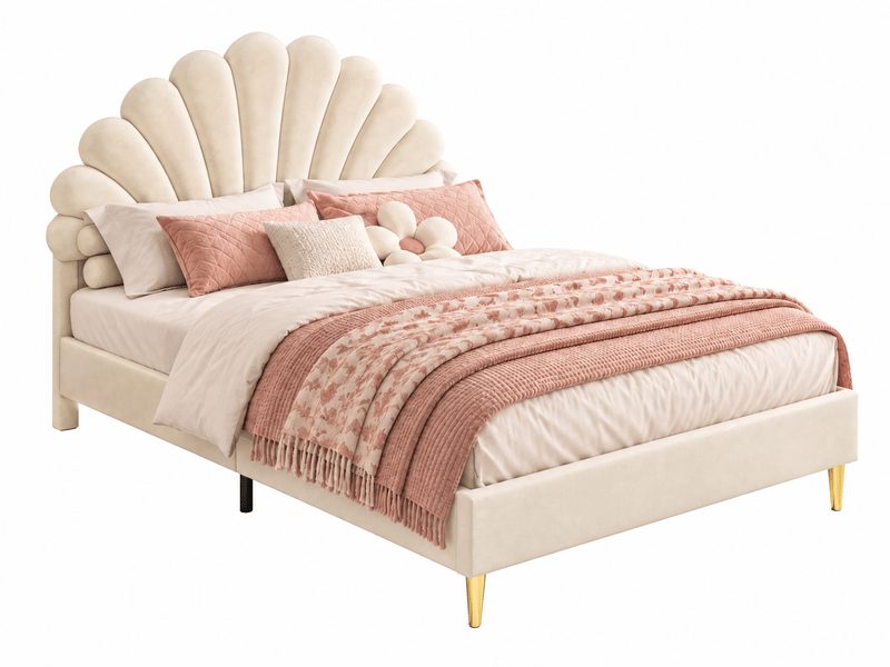  Lit double enfant 140 x 200 avec sommier à lattes, lit fille rembourré avec tête de lits en forme de pétale, velours (matelas non inclus)  - Conforama A