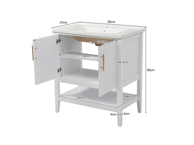  Meuble sous vasque blanc avec lavabo en céramique, 2 portes, niche ouverte et patins antidérapants pour salle de bain en mdf 80 cm  - Conforama C