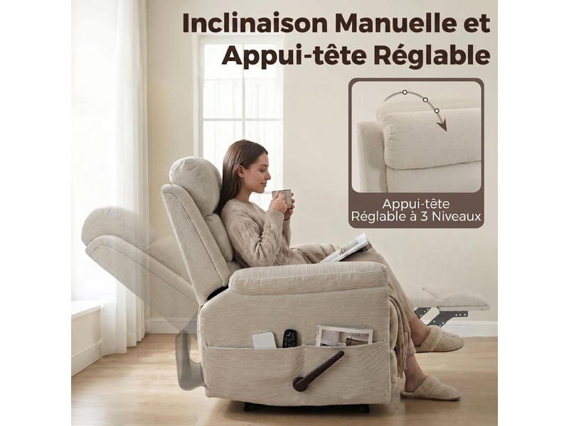  Fauteuil inclinable massant et chauffant en tissu chenille crème 95x87x109 cm  - Conforama E