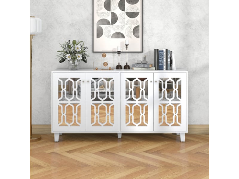 Buffet blanc miroir et poignées en cristal - 160x40x84cm - quatre portes avec stratifié mobile - pour salon et salle à manger - Conforama B