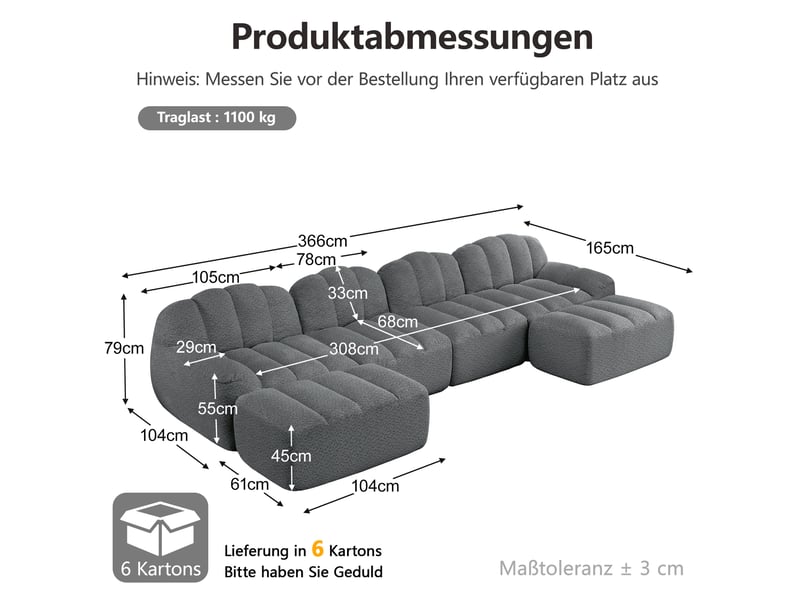  Canapé modulable en u 4 places gris en tissu bouclette, avec 2 ottomans, pour un salon convivial et confortable  - Conforama C