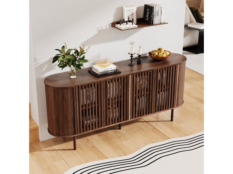 Buffet couleur noyer 160 x 40 x 70 cm, 4 portes coulissantes perforées, étagères réglables - Conforama B