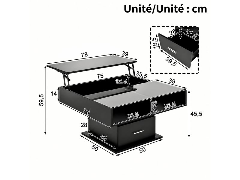  Table basse relevable noire avec led et rangement, 78 x 78 cm  - Conforama C