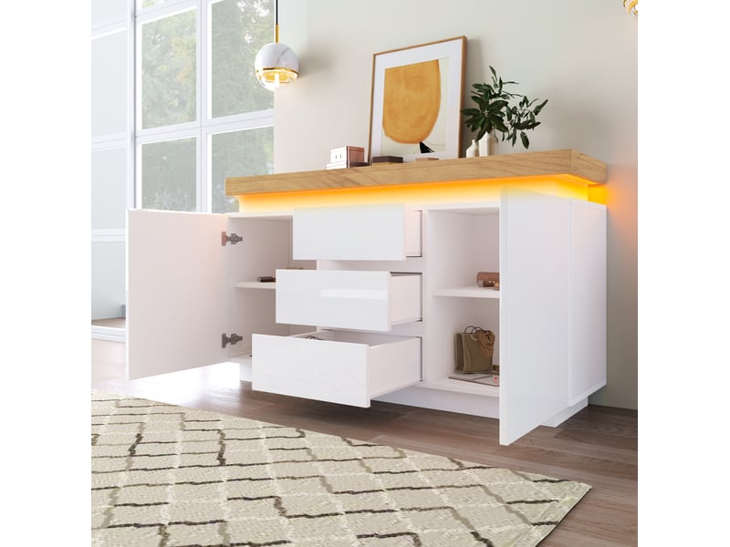  Buffet bas led blanc brillant 2 portes et 3 tiroirs – 140 x 39 x 81 cm  - Conforama C