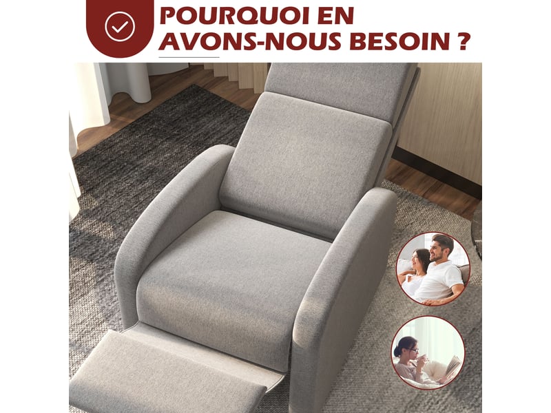  Fauteuil relax inclinable jusqu'à 160° manuellement avec repose-pieds intégré, grand confort, charge max. 120kg, gris  - Conforama R