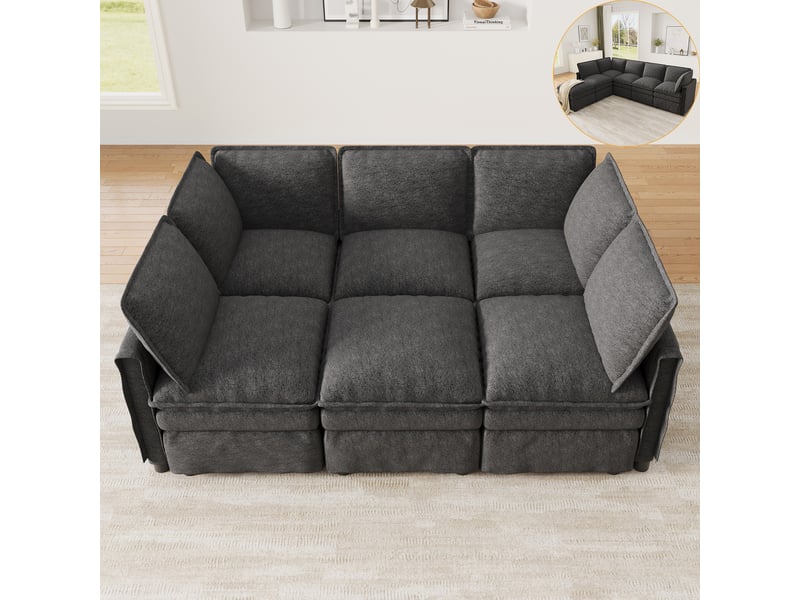  Canapé modulable xxl 6 places en tissu chenille gris avec pouf amovible  - Conforama C