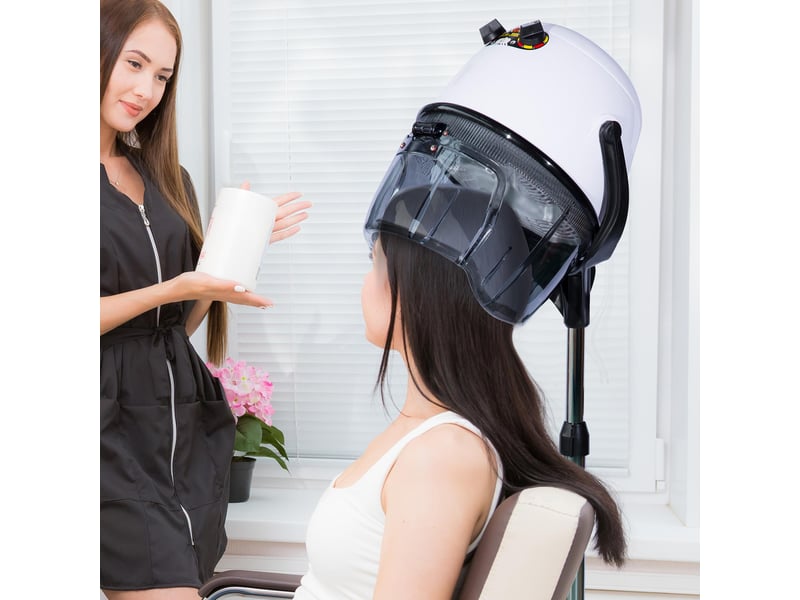  Sèche-cheveux professionnel type casque 1180w, hauteur et température réglables, minuterie, capot, roulettes, pour salon de coiffure, blanc  - Conforama D