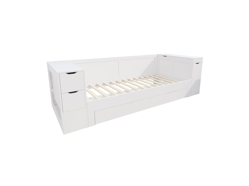  Lit simple enfant 90x190 cm – blanc – tiroirs, rangement latéral et table coulissante – sans matelas  - Conforama D
