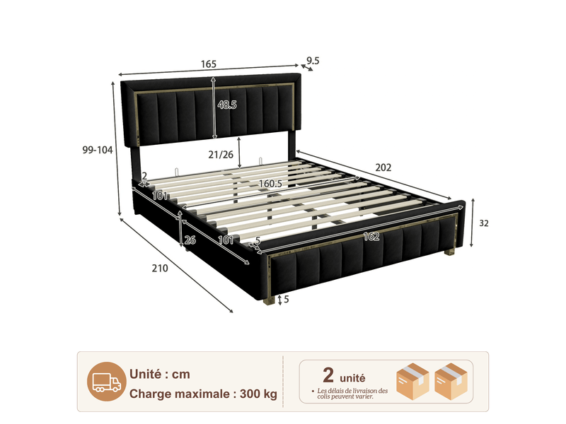  Lit coffre 160x200 cm, lit double rembourré avec rangement, lit coffre hydraulique - sommier à lattes - sans matelas - capacité de charge 300 kg - velours nior  - Conforama C