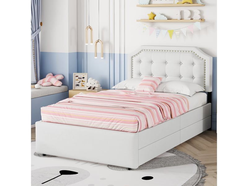  Lit enfant 90x200 cm avec 2 tiroirs, tête de lit matelassée à boutons et clous décoratifs, mdf, lin, beige clair, sans matelas  - Conforama W
