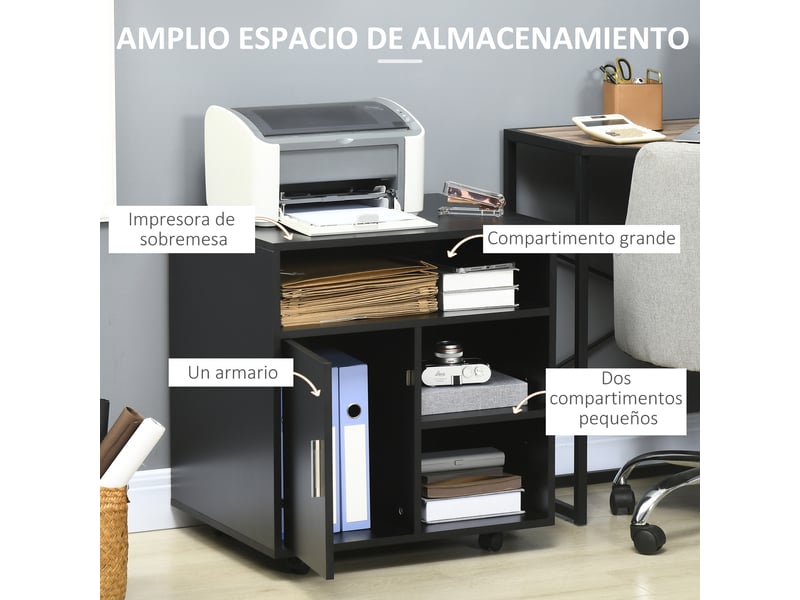  Meuble de bureau multifonctionnel à roulettes avec étagères et grand espace de rangement, 60 x 50 x 65,5 cm, noir  - Conforama E