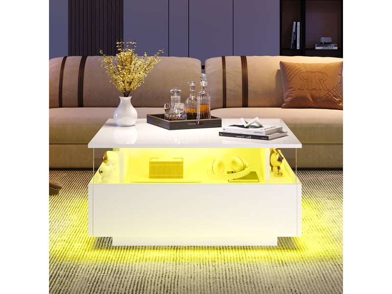  Table basse blanche brillante carrée 70x70 cm avec éclairage led et 2 tiroirs - design moderne  - Conforama C