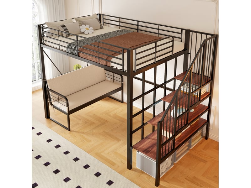Lit mezzanine 140x200 cm – noir – canapé amovible lavable et escalier avec rangement – sans matelas - Conforama B