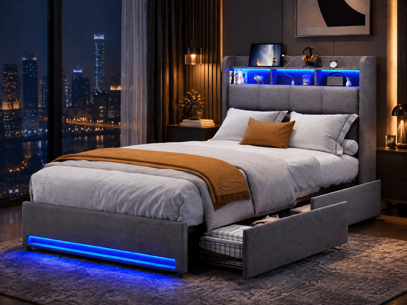  Lit simple rembourré 90x200 avec sommier led et usb, lit 1 personne avec 2 tiroirs, sommier à lattes, sans matelas  - Conforama B