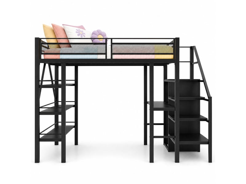 Lit mezzanine 140x200 cm avec bureau, armoire et escalier de rangement noir - Conforama A