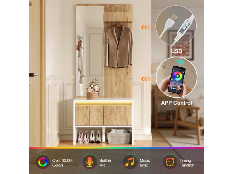  Vestiaire d'entrée avec miroir, banc à chaussures et 2 tiroirs - 60x38x145 cm N657P457058W - Conforama E