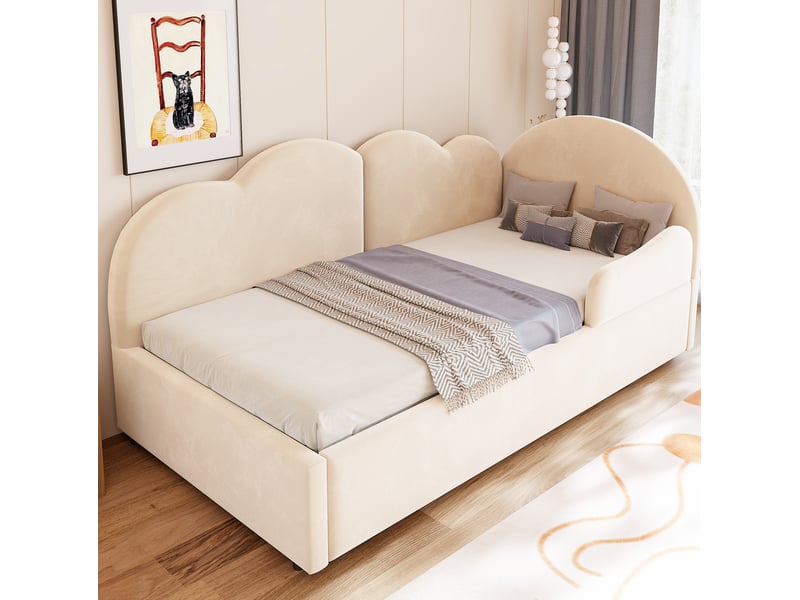  Lit gigogne 90 × 200 cm 1 place, couchage 180 × 200 cm, tête de lit nuage, sans matelas, velours beige  - Conforama C