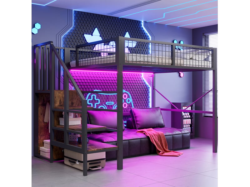  Lit mezzanine 140x200 cm avec échelle de rangement, éclairage led, structure en métal, coloris noir, vendu sans matelas  - Conforama D
