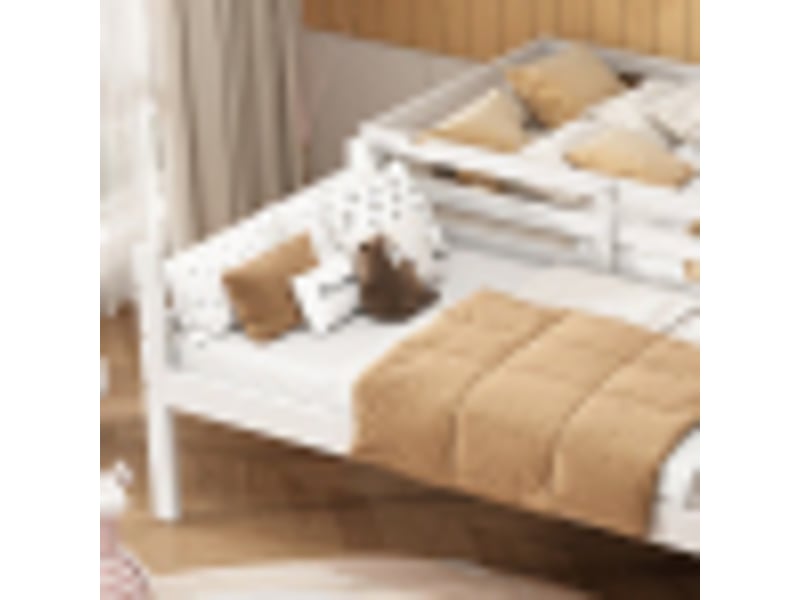  Lit superposé 90x200 cm, lit enfant avec échelle d'angle et protection antichute, en bois, blanc, sans matelas  - Conforama E