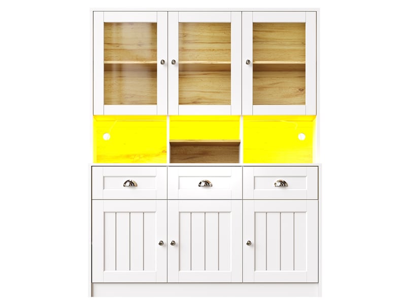  Buffet de cuisine - buffet haut avec éclairage led et portes acryliques - 3 tiroirs, étagères réglables 140x40x175 cm - blancnoir  - Conforama A