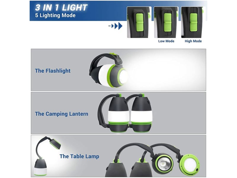  3 en 1 lanterne de camping à led &amp; lampe de poche à main &amp; lampe de table 5 modes rechargeable tente lumières extérieur banque de puissance  - Conforama C