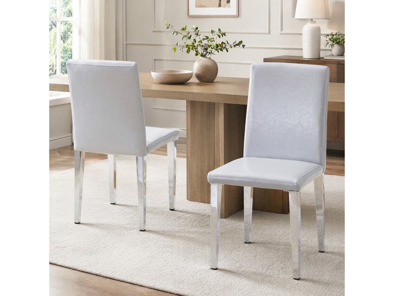  Chaises de salle à manger lot de 2 avec dossier ergonomique  - assise rembourrée, pieds antidérapants, pu gris clair et métal argenté  - Conforama C