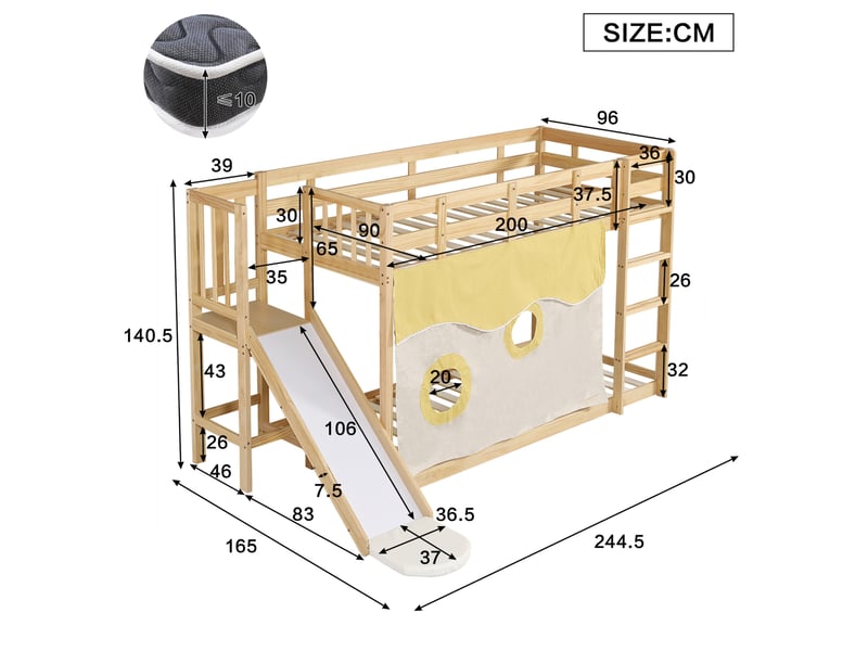 Lit superposé enfant ulevr avec toboggan et rideaux 90x200 cm, escalier, barrières de sécurité, bois et mdf, coloris naturel - Conforama C