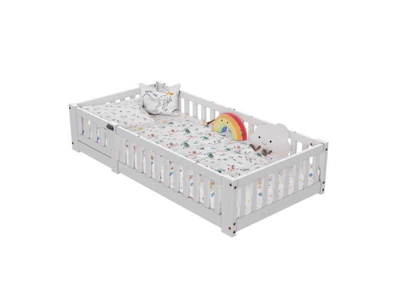  Lit enfant 90x200 cm, lit au sol avec barrière de sécurité et sommier à lattes, lits montessori pour garçons et filles, charge jusqu’à 100 kg, blanc  - Conforama A