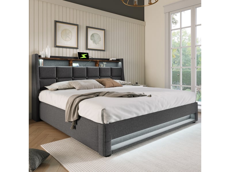  Lit coffre 140x200 avec matelas, led, usb, tissu gris  - Conforama B