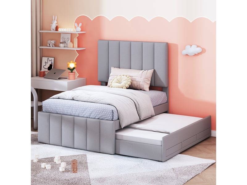  Lit gigogne simple 200x90 cm avec 3 tiroirs, tête réglable, couchage 190x90 cm, sans matelas, gris  - Conforama C