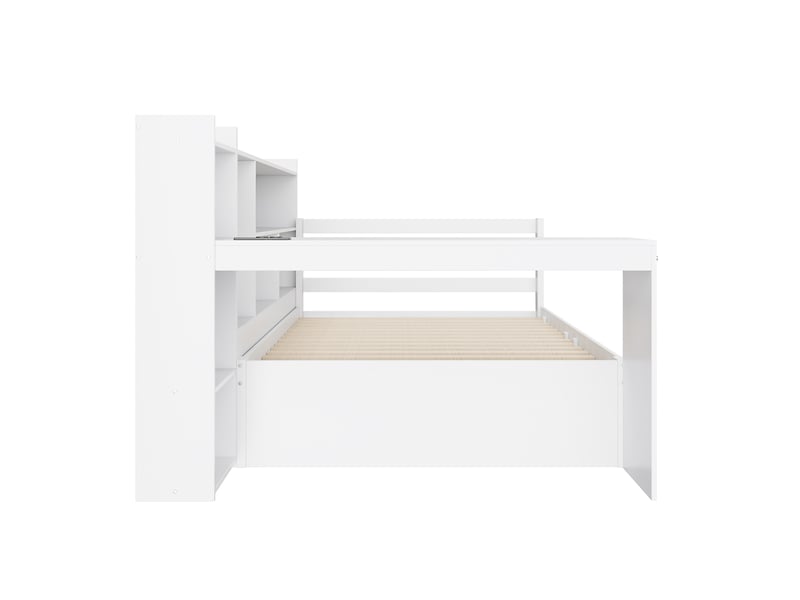  Lit gigogne enfant 90x200 cm avec prise, bureau, rangement et étagères, sommiers, pin et mdf, blanc, sans matelas  - Conforama R