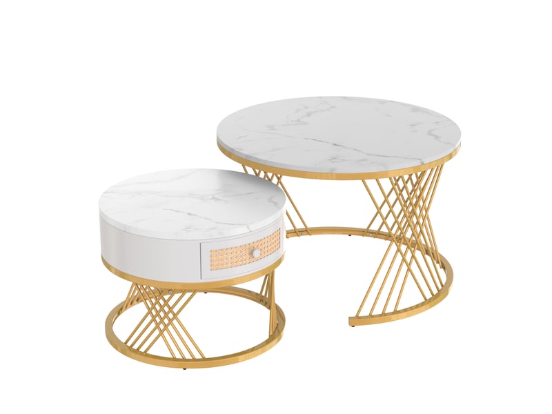 Lot de 2 tables basses rondes 70x70x45,5 cm + 50x50x38,5 cm motif marbre, blanc et doré - Conforama A