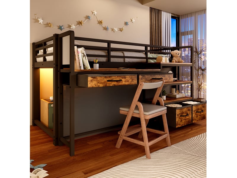  Lit mezzanine enfant 90 x 200 cm noir, métal et mdf avec bureau, étagères, tiroirs en tissu et led  - Conforama B
