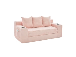 Canapé convertible 3 places 172 x 87 cm – rose – velours côtelé, porte-gobelets et poches latérales
