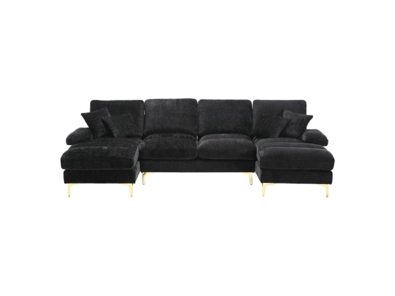 Canapé d'angle, canapé 4 places sectionnel en forme de u en chenille avec deux sièges inclinables, noir - Conforama E