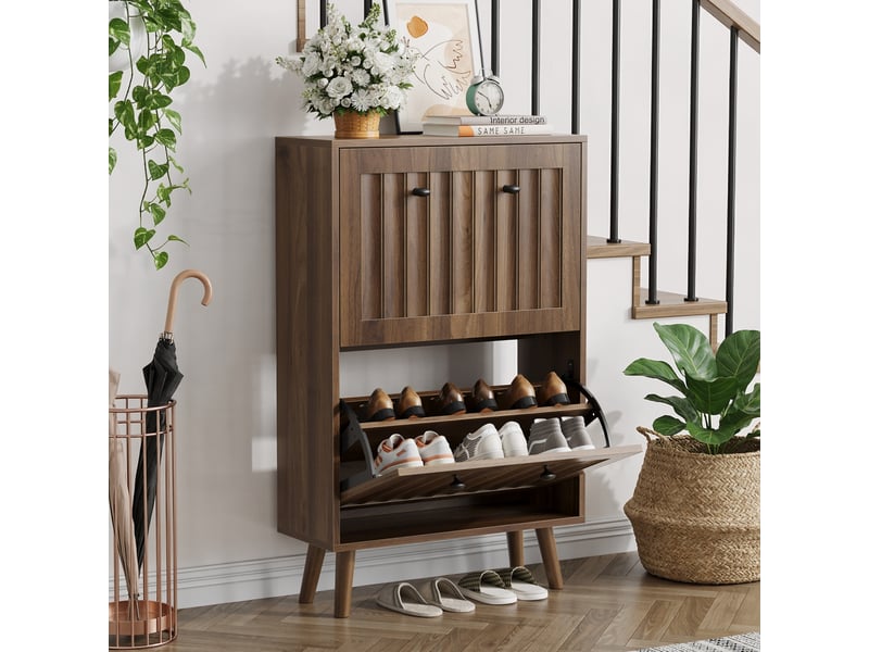  Meuble à chaussures 60x24x95 cm – design vintage – 2 abattants aux motifs persiennes – noyer foncé  - Conforama D
