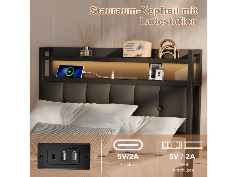  Lit coffre 90x200 avec led et usb, lit simple avec espace de rangement hydraulique cadre de lit rembourré avec tete de lit lits 1 place pour adolescent et chambre d'amis noir pu, sans matelas  - Conforama E