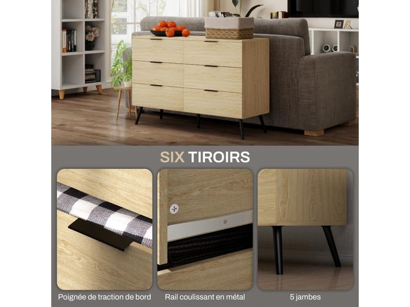  Commode 6 tiroirs commode moderne pour chambre à coucher avec design anti-basculement 110l x 40l x 75h cm aspect bois  - Conforama E