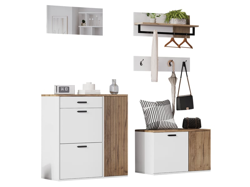 Meuble d'entrée 5 pièces avec 2 meubles à chaussures, miroir, étagère murale et 4 crochets pour entrée blanc chêne - Conforama A