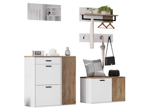 Meuble d'entrée 5 pièces avec 2 meubles à chaussures, miroir, étagère murale et 4 crochets pour entrée blanc chêne