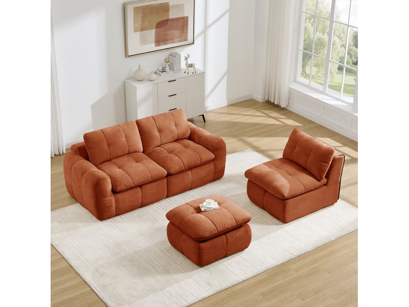  Canapé d'angle modulable 3 places avec ottoman sans cadre, en chenille orange  - Conforama B