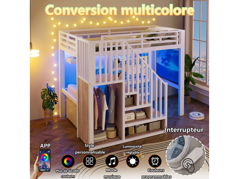 Lit mezzanine 90x200 cm avec escalier avec rangement et rangement, blanc WX003012AAK - Conforama D