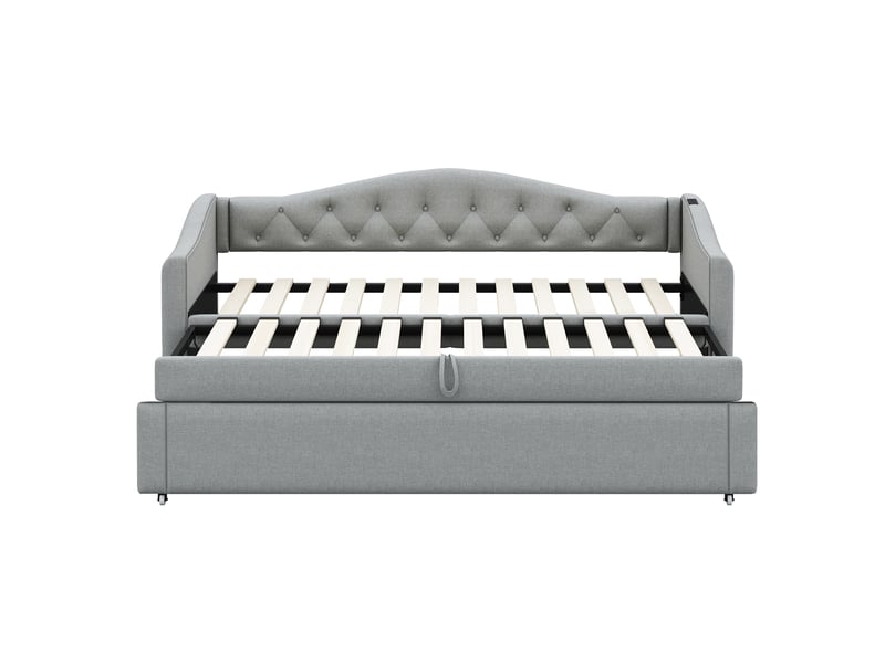  Lit enfant 90x200 cm avec lit gigogne 90x190 cm, prise usb et sommier à lattes, sans matelas, tissu en lin, gris  - Conforama E
